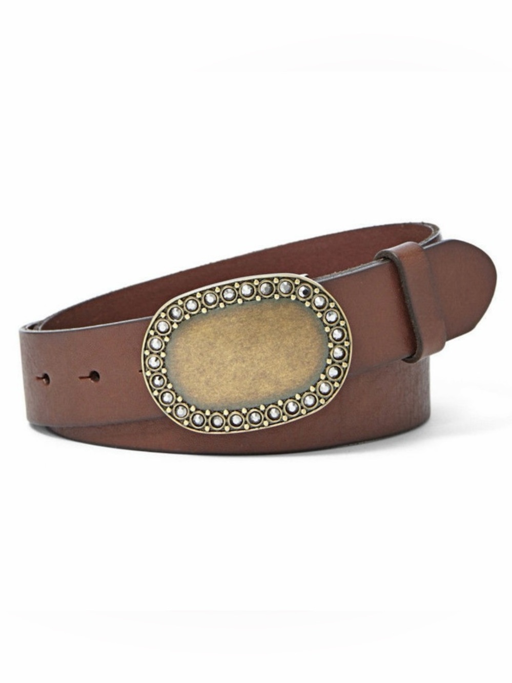 Fossil Vintage Brown Leather Belt Rhinestone Brass Buckle Western Large